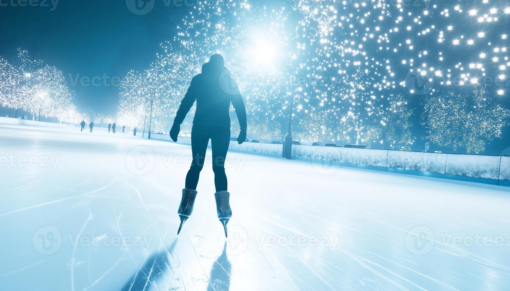 A pair of legs are ice skating on a frozen lake and reflection surface photo