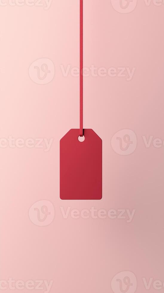 Rectangular red blank paper tag label price tag with hanging satin rope isolated pink photo
