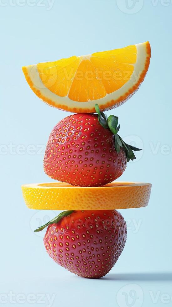 A stack of strawberry and orange slice fruit balancing on top with solid background photo