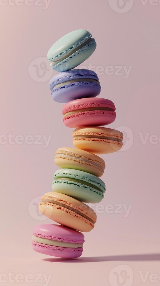A stack of macaroons cake snack vertical balancing with solid background photo