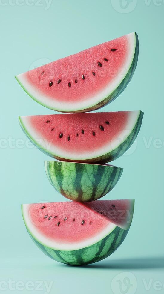A stack of watermelon fruit balancing on top with solid background photo