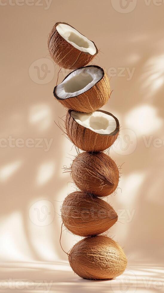 A stack of coconut fruit balancing vertical with isolated background photo