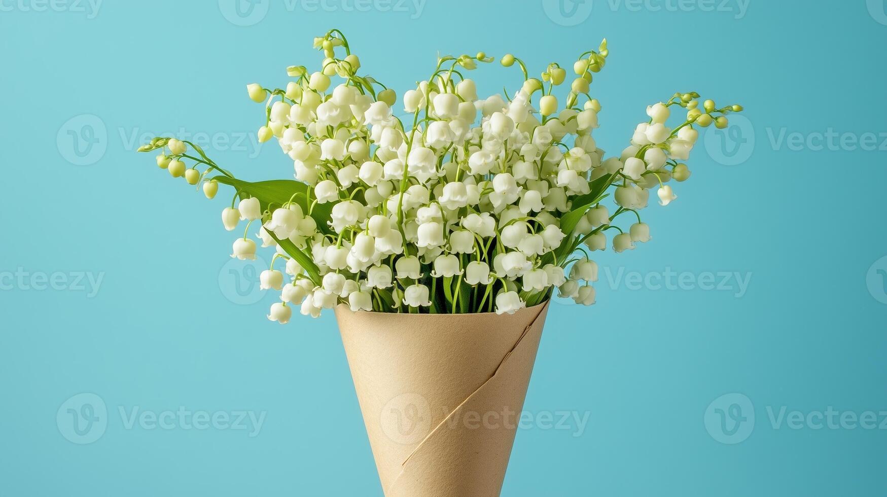 Lily of the valley flower on brown paper wrap bouquet eco friendly package solid background photo
