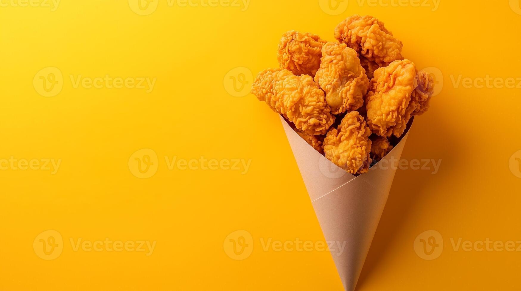 Fried chicken meal crunchy food on brown paper cone bag take away copy space photo