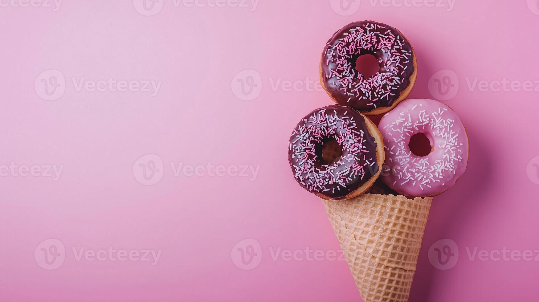 Donut waffle wrapped with topping cream on waffle flat cone wrapped copy space background photo