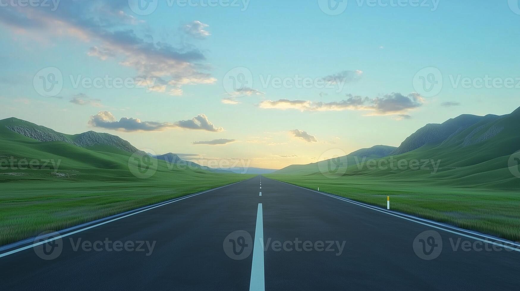 Perspective highway road, mountain view and sky backlight sunset travel journey photo