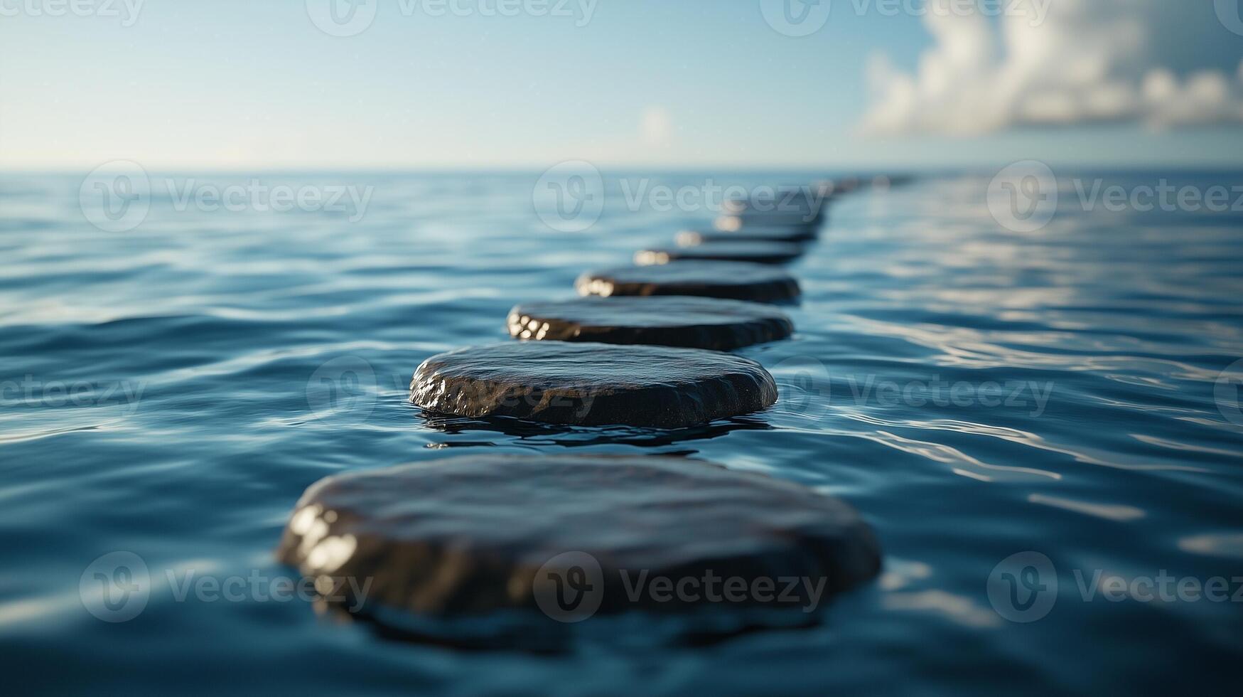 Stepping grey stones with texture forwarding in beach sand and ocean water with bright sky photo