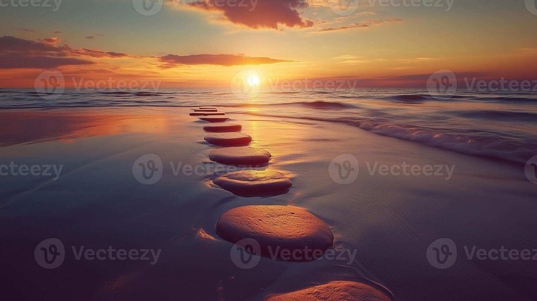 Stepping grey stones with texture forwarding in beach sand and ocean water with sunset sky photo