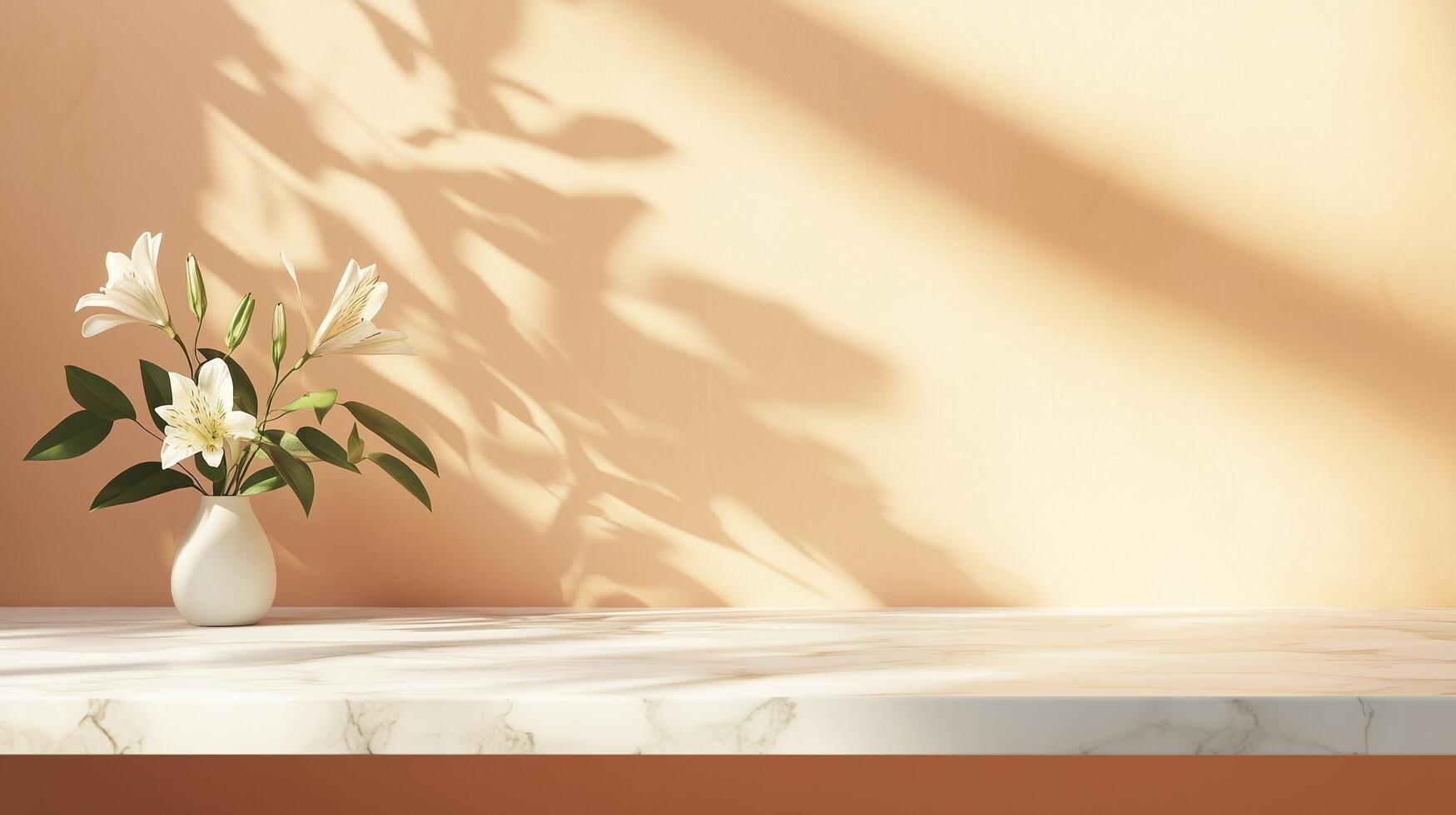 Table top white marble counter copy space cement wall with shadow sunlight from plant photo