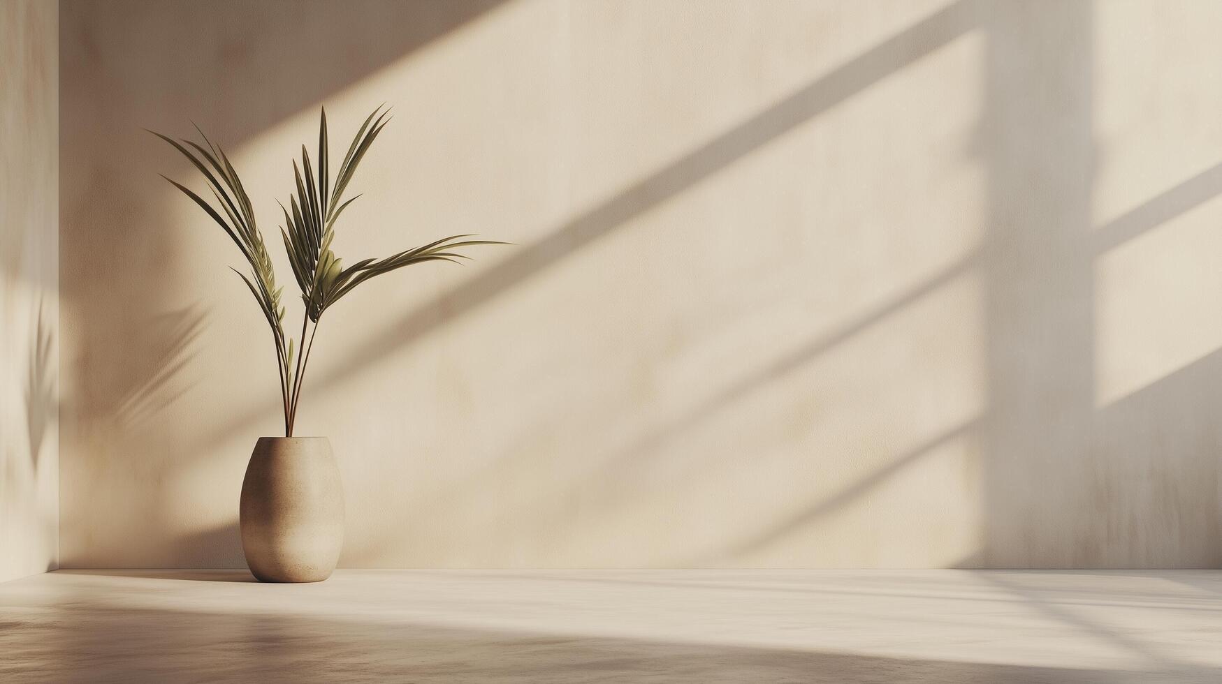 Beige wall cement blank with sun bright shadow from window and pot tree photo