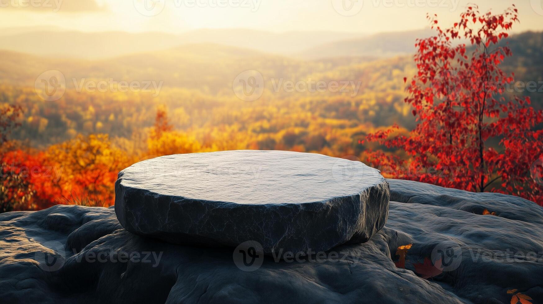 Stone podium stage on edge mountain and valley view nature in autumn forest photo
