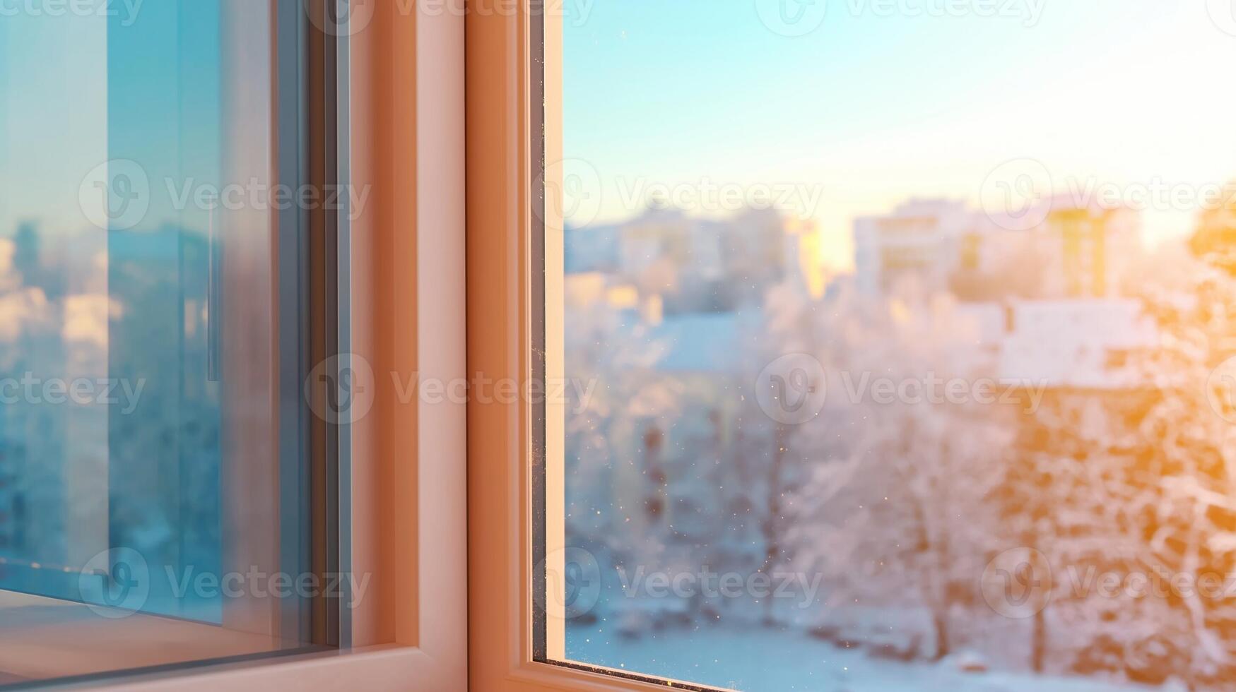 Glass window winter view corner metal frame with plant in outdoor with sun bright modern architecture photo