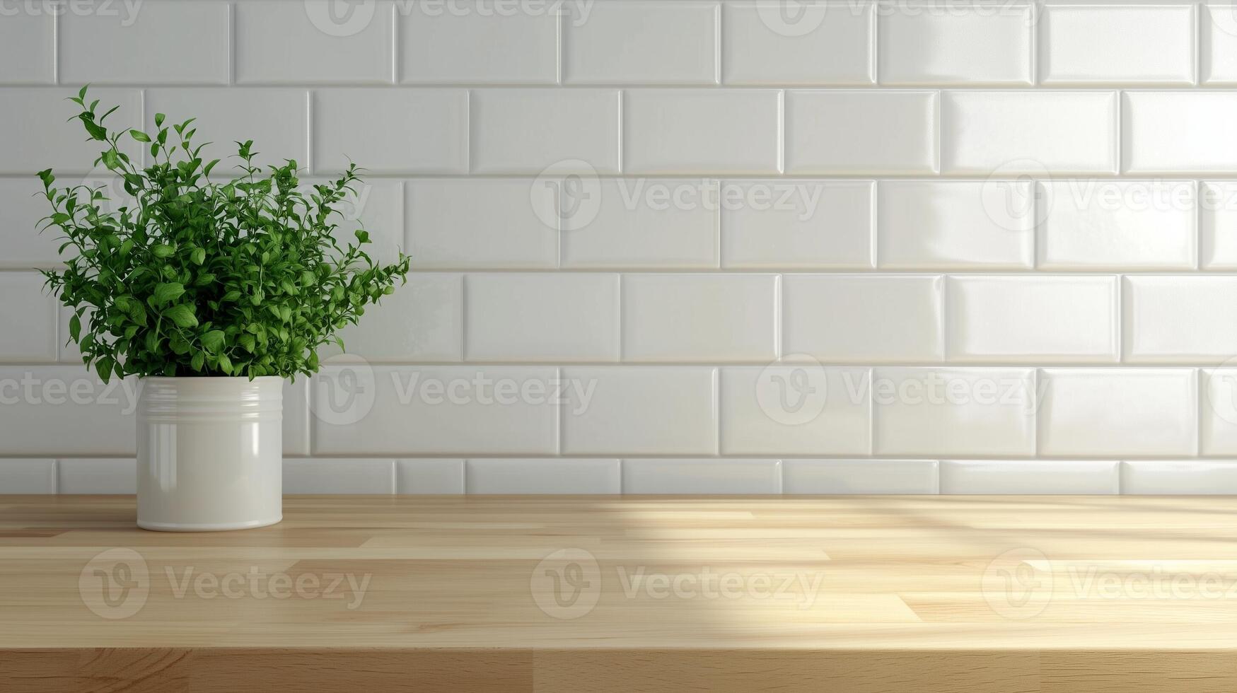Copy space black wooden countertop, white wall brick and kitchen decoration minimalist interior photo