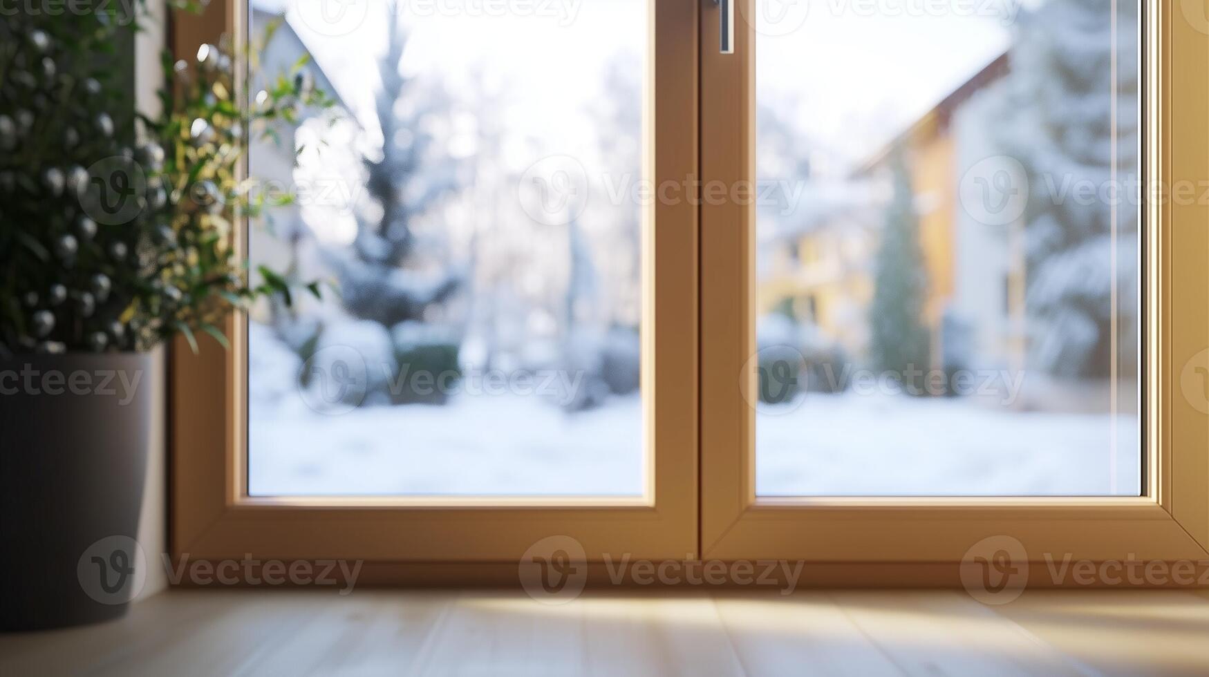 Glass window winter view corner metal frame with plant in outdoor with sun bright modern architecture photo