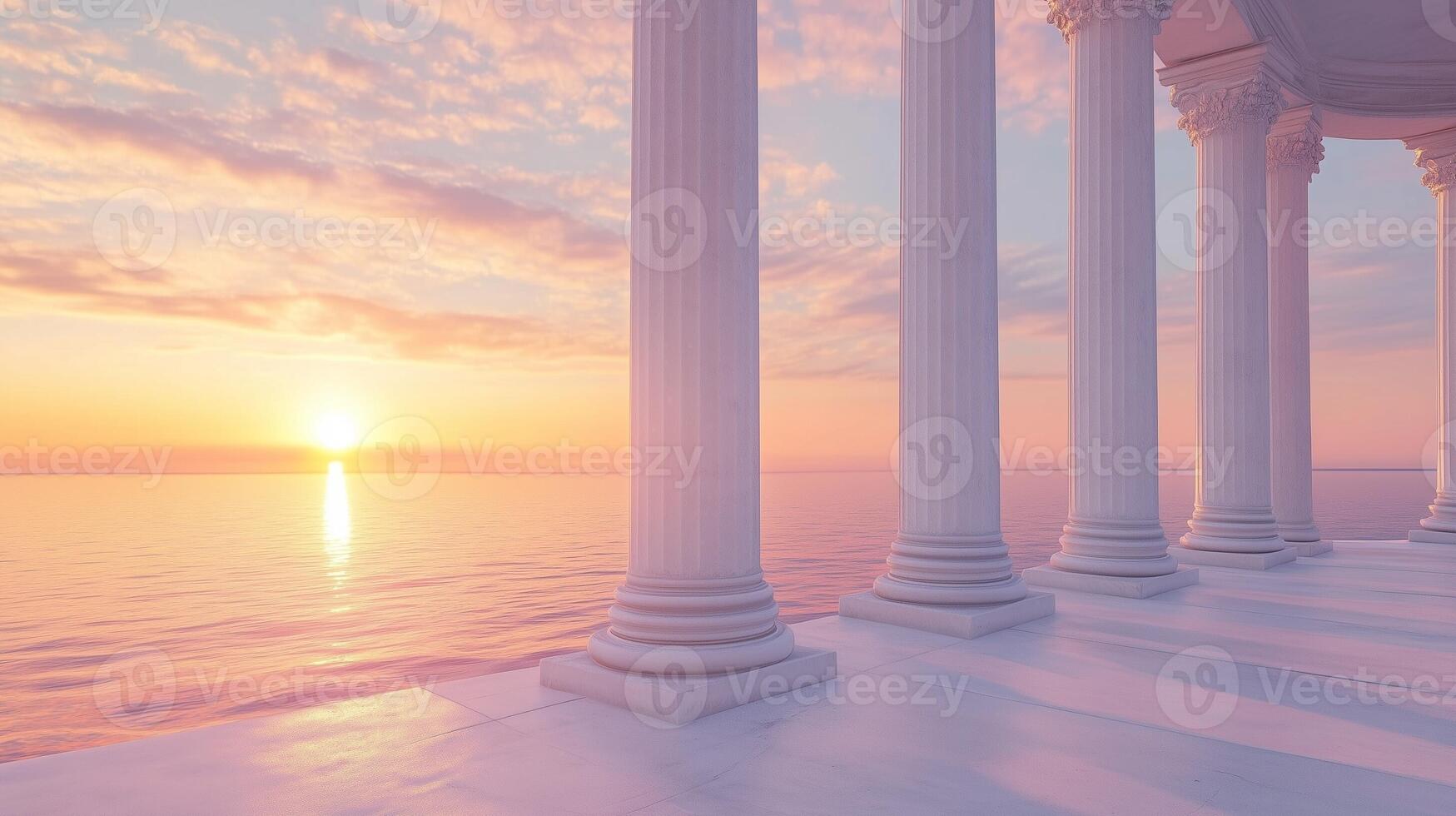 Stone columns concrete texture pillar classical building exterior with sunset sky photo