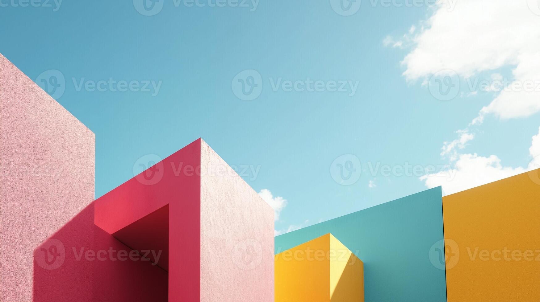 Simple minimal style modern building with colorful fresh tone and blue sky, bottom view photo