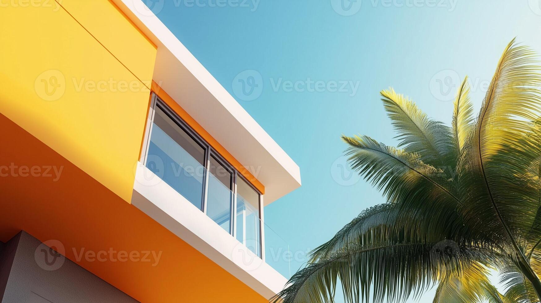 Simple minimal style modern building with yellow fresh, palm tree tone and blue sky, bottom view photo