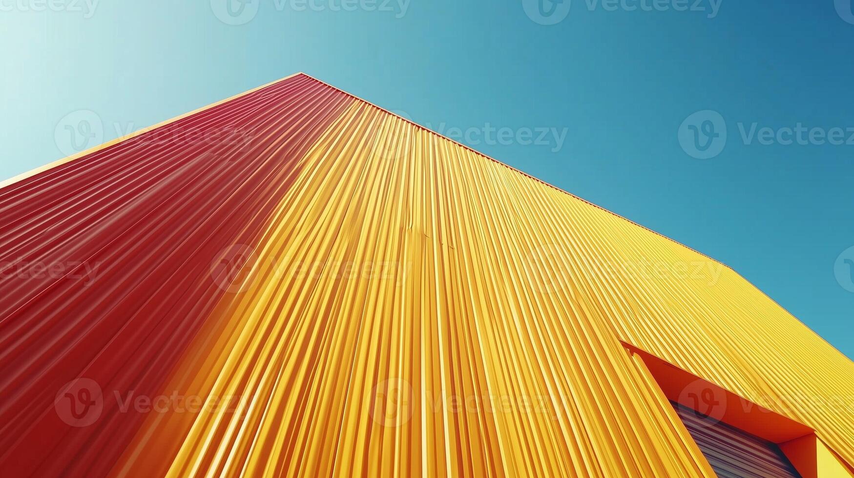 Wall of warehouse yellow metal building against industrial with blue sky background in perspective view photo