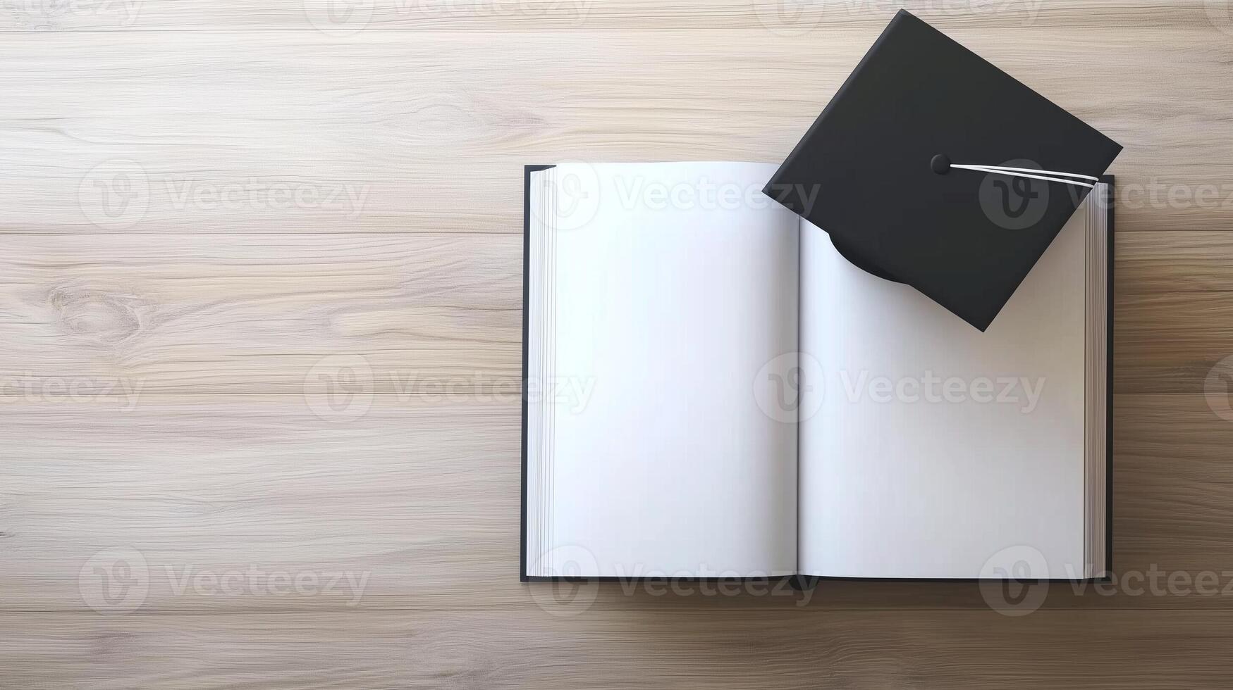 Blank white book open white paper and a pair black shoes top of view wooden background photo