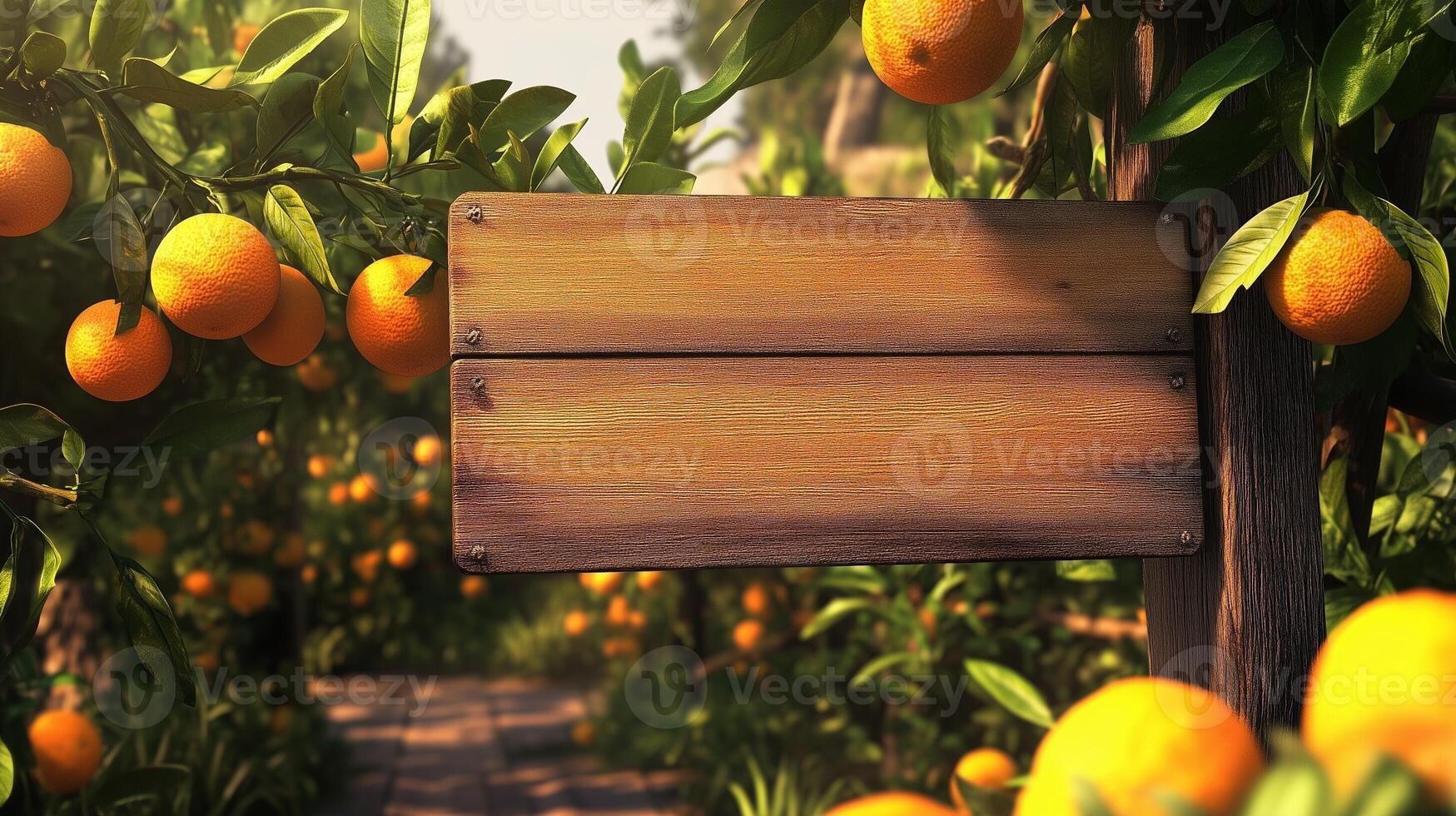 Blank wooden trunk board for label information important in orange fruit botanical field garden photo