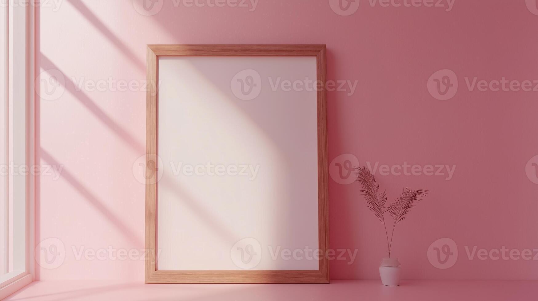 Blank white frame board on pink wall and plant interior home aesthetic decoration photo