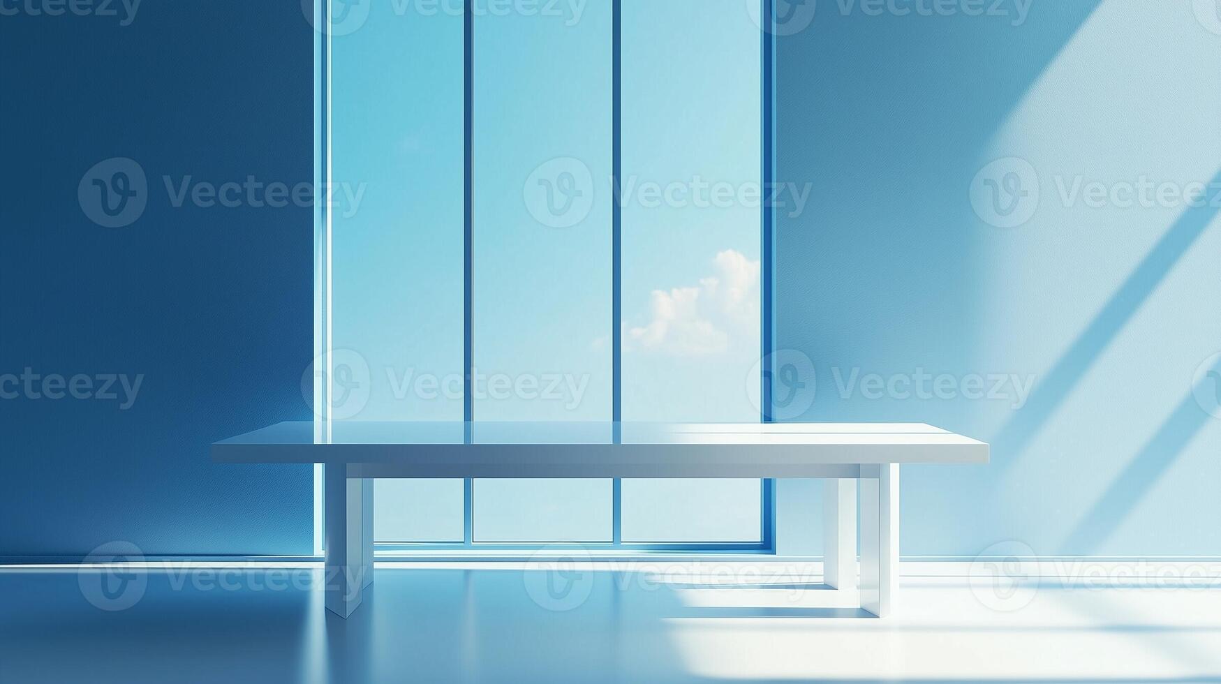 Empty table and blue glass window background with shadow sun bright photo