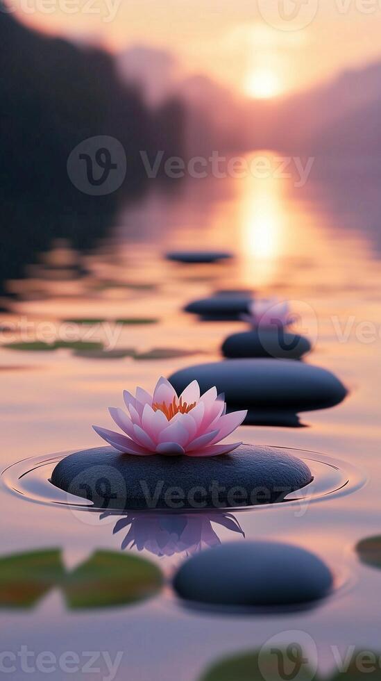 Stone and water lily flower for Zen balance footstep on beach ocean water with sunset relaxation nature photo