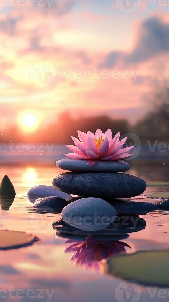 Black stone for Zen balance footstep on beach ocean water with sunset relaxation nature harmony photo