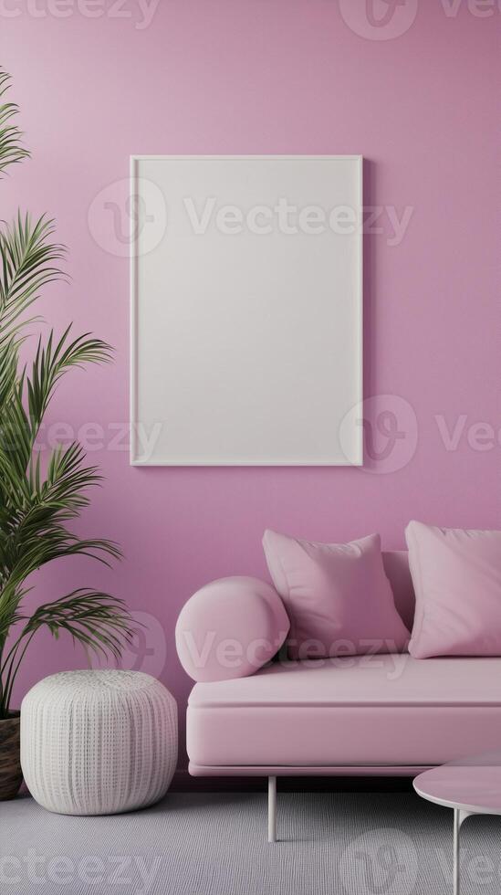 White blank frame mockup and pink wall and wooden floor living room story portrait background photo
