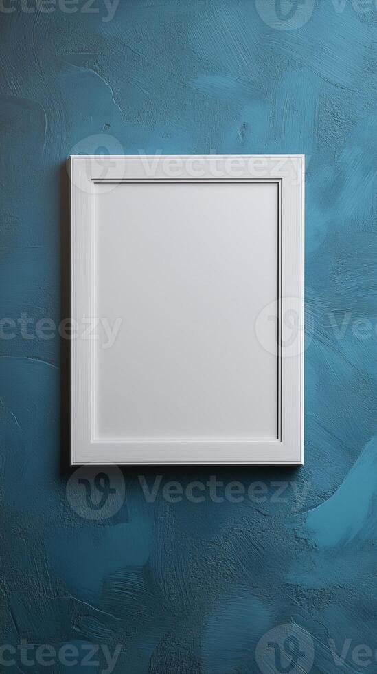 White blank frame mockup and blue wall and wooden floor living room story portrait background photo