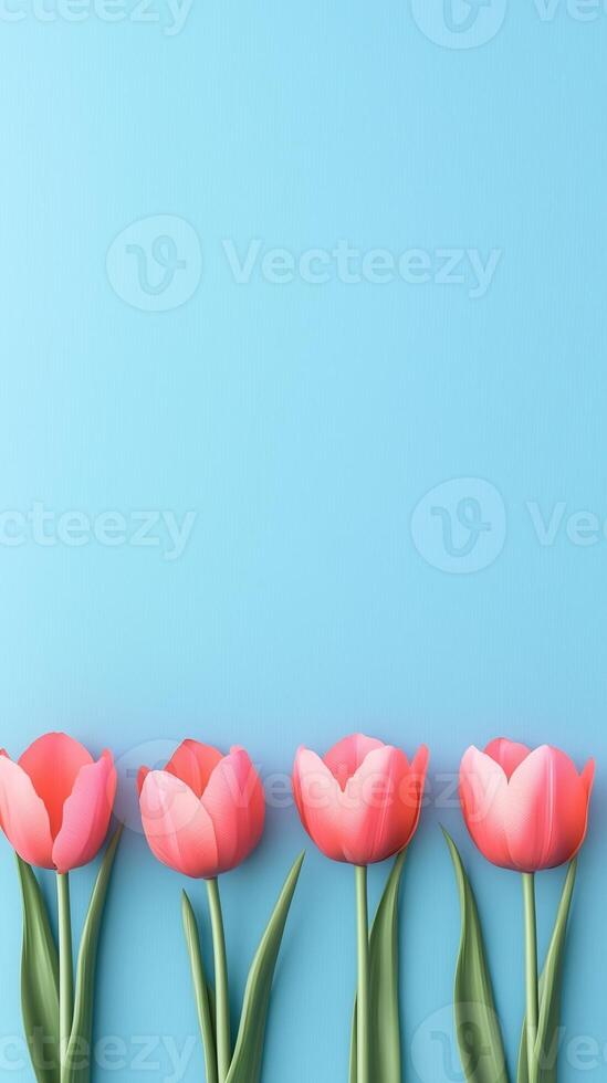 Pink tulip flower neatly arranged bottom edge copy space portrait blue background photo