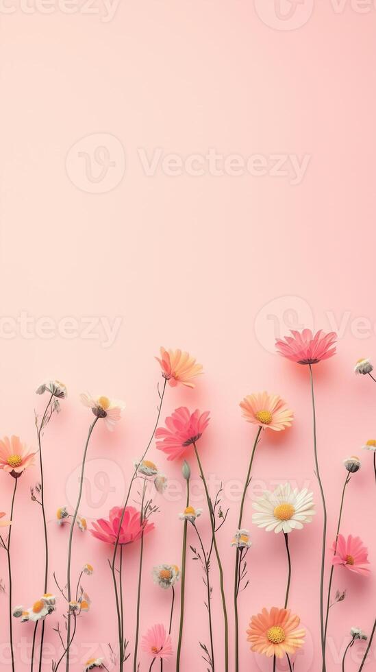 Chamomile flower neatly arranged bottom edge copy space portrait pink background photo
