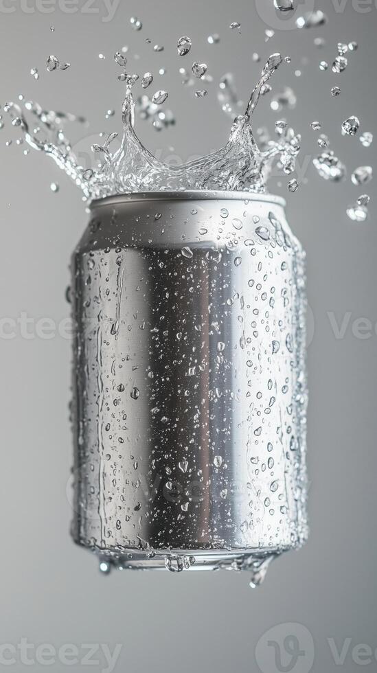 Silver plain soda can fly in water with bubble, liquid cylinder container branding promotion drink photo