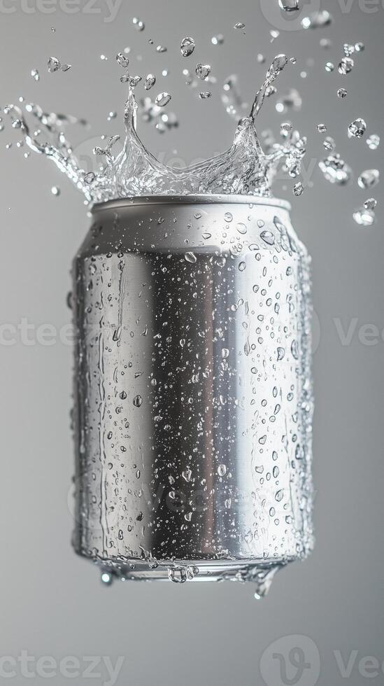 Silver plain soda can fly in water with bubble, liquid cylinder container branding promotion drink photo