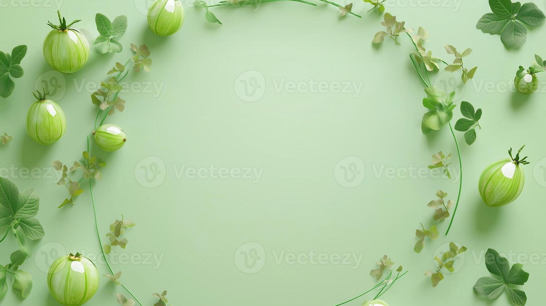 Flat lay circular arrangement of gooseberries vegetable fruit for natural ingredient, copy space photo