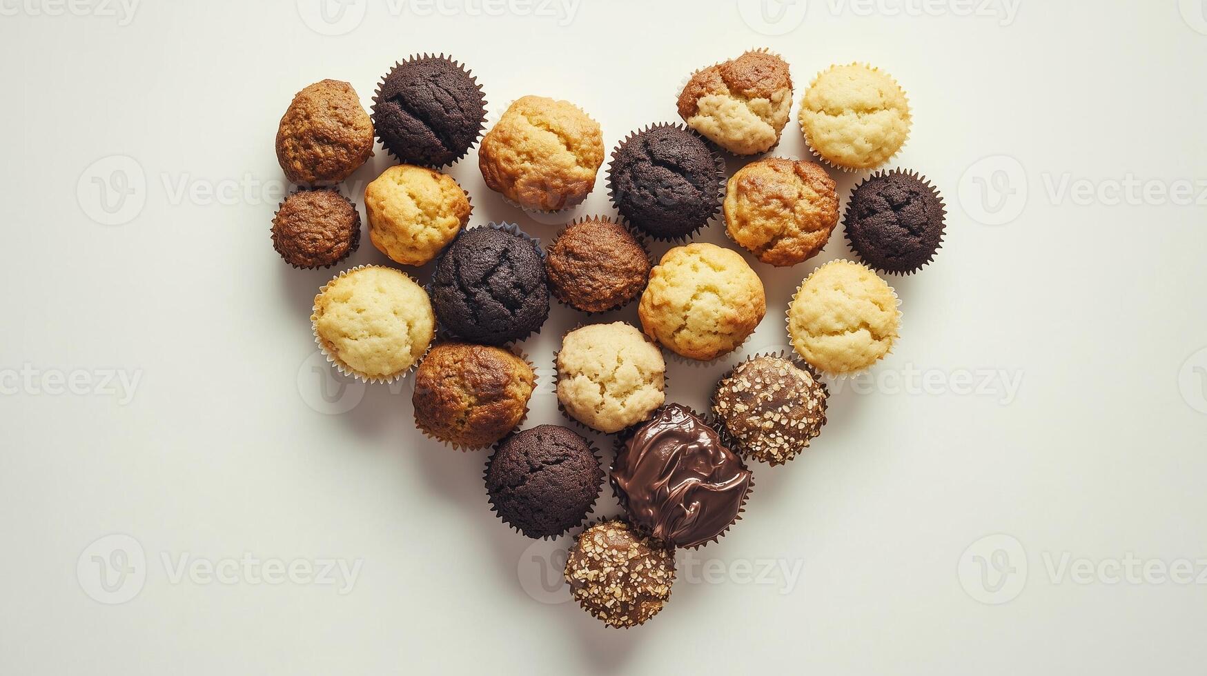 Sweet muffin cake are arranged in a heart-shaped arrangement flat lay view photo