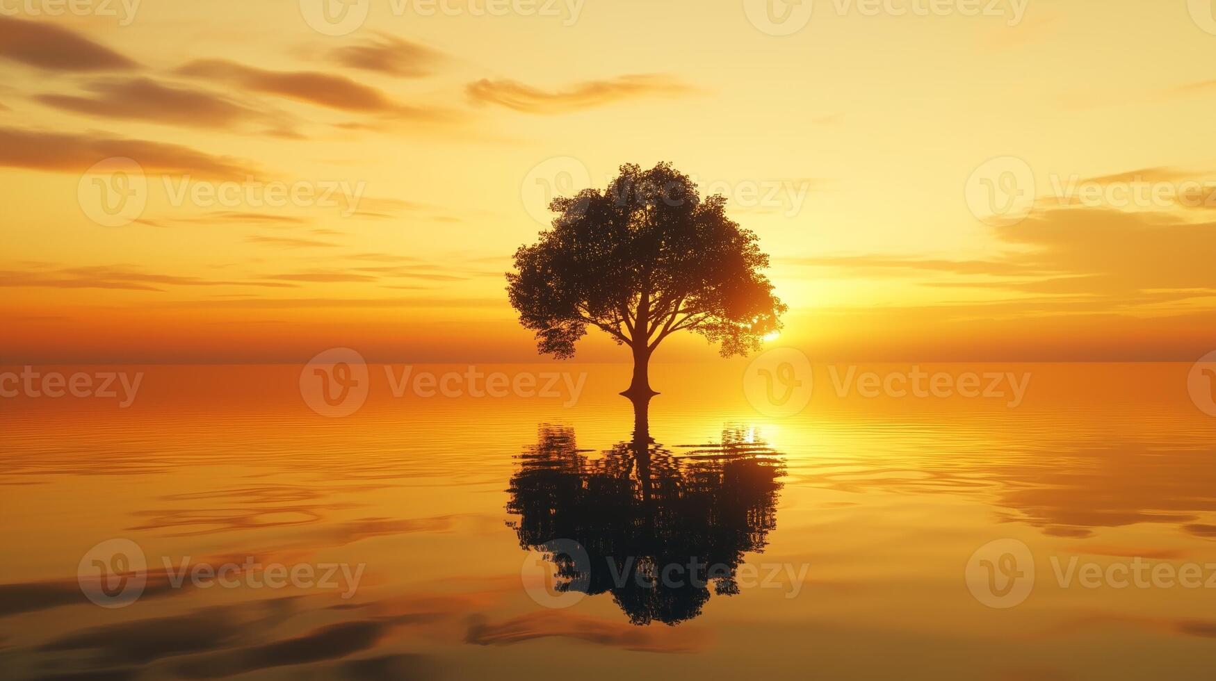 Beauty sunset and silhouette from tree mirroring reflection on ocean water photo