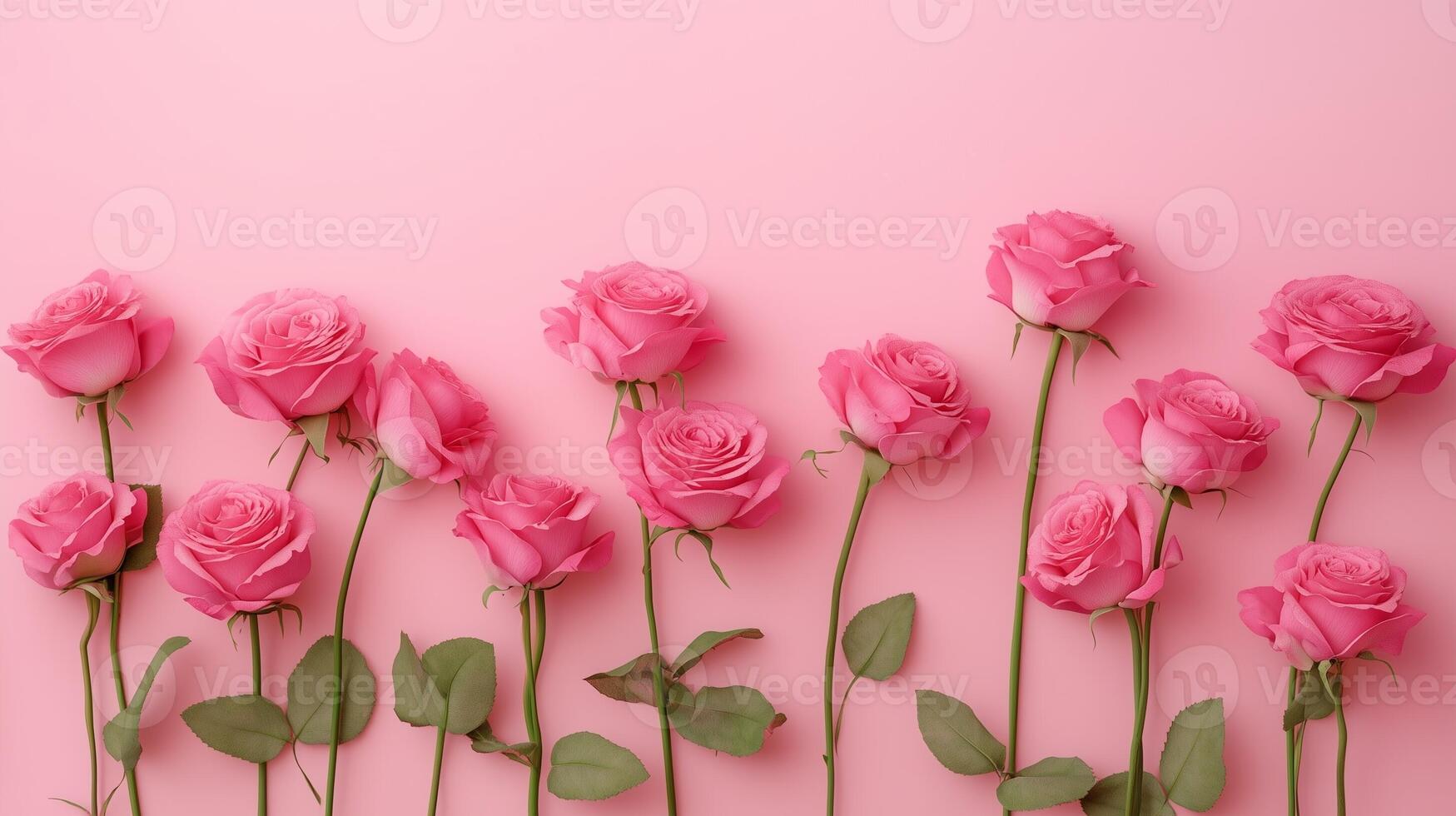 Pink rose flowers lined up at the bottom and blank space at the top photo