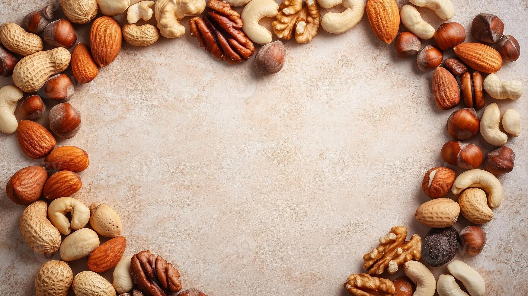 Variation nuts love shape arrangement copy space for greeting poster photo