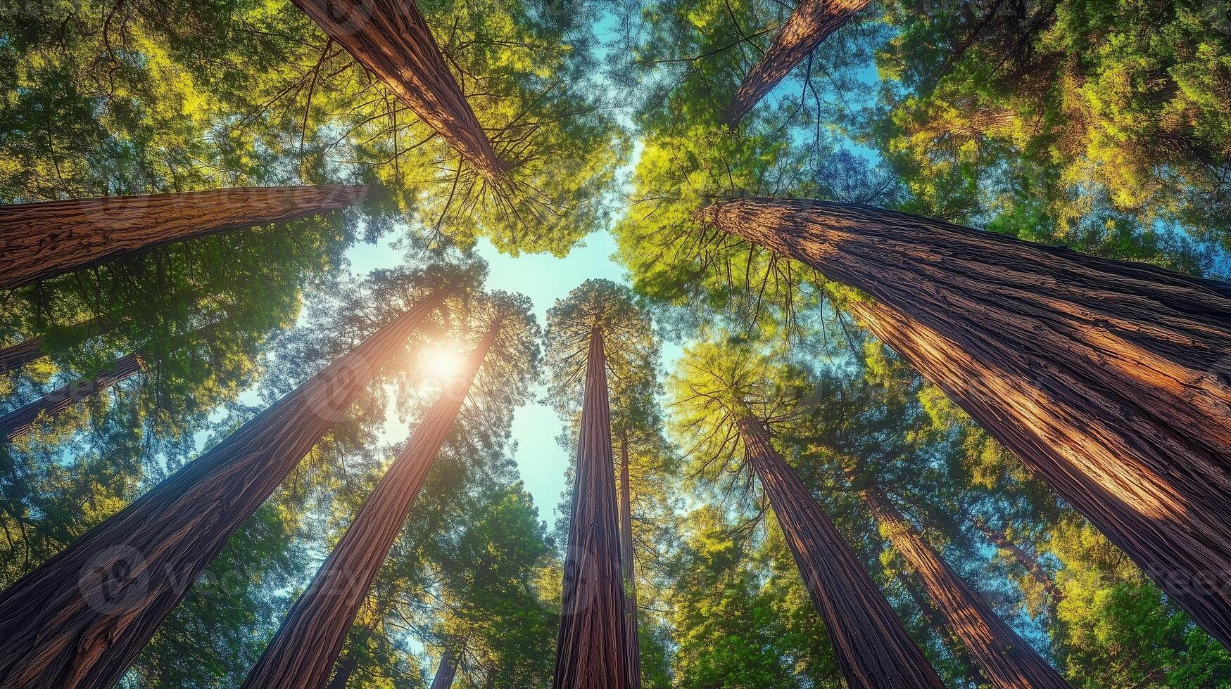 Green forest tree tall perspective view from lower with sun light nature environment photo