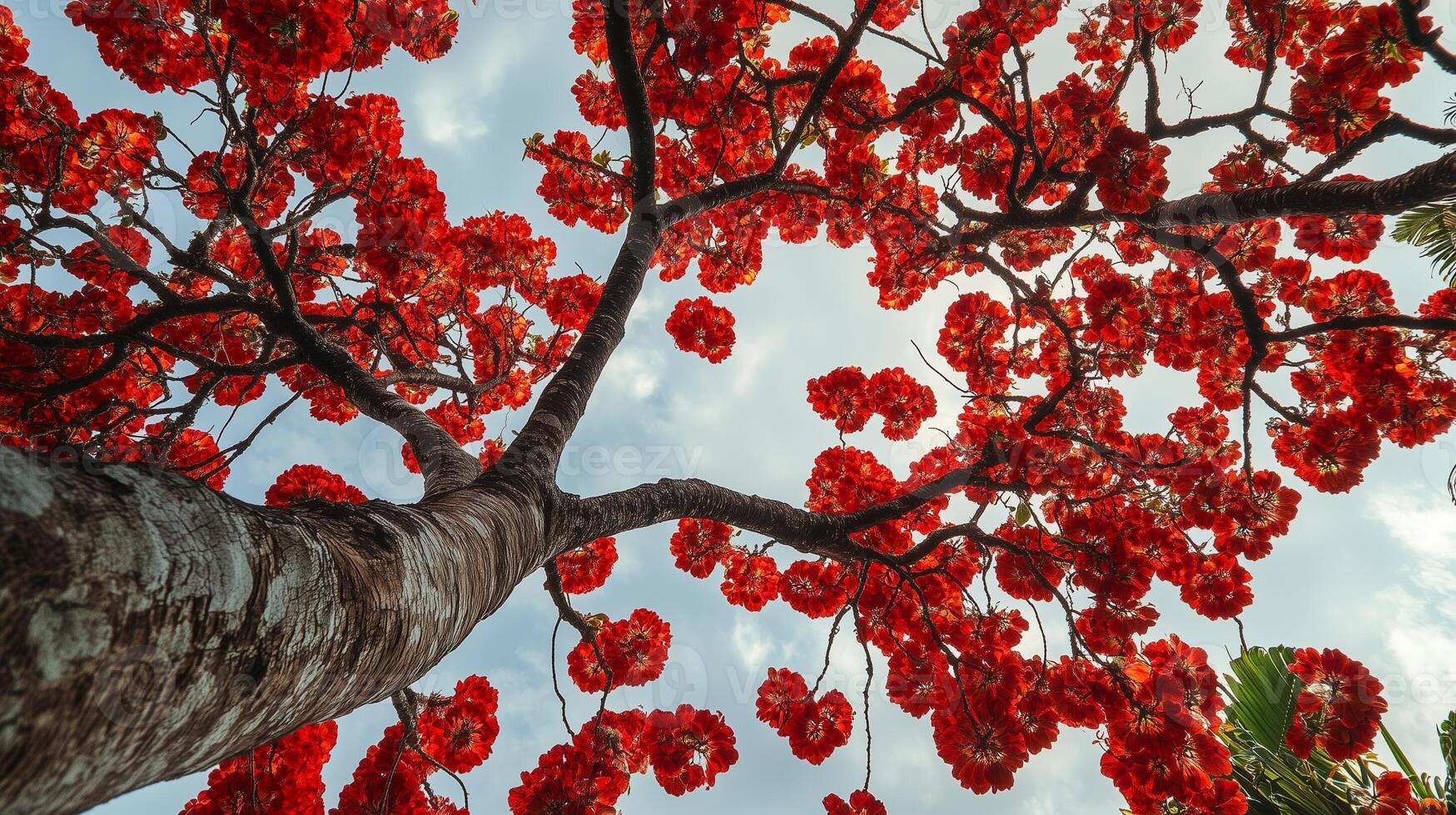 Captivating tree trunk wood with red blossom from low angle view perspective and blue sky photo