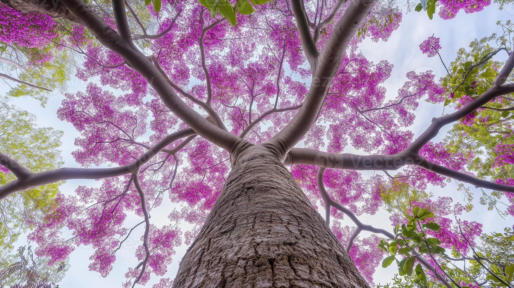Captivating tree trunk wood with purple blossom from low angle view perspective and blue sky photo