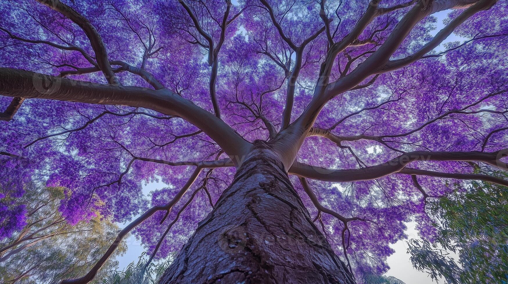 Captivating tree trunk wood with purple blossom from low angle view perspective and blue sky photo