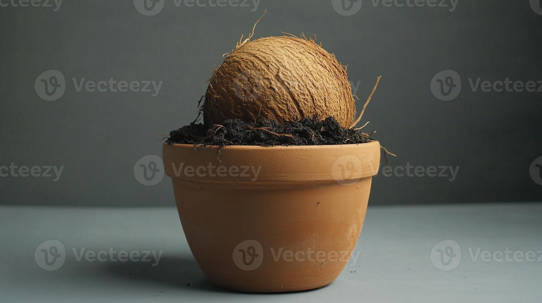 Coconut vegetable clay pot and soil miniature house plant botanical decoration photo