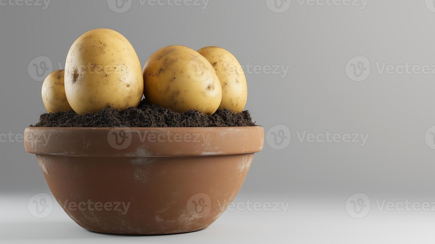 Potato vegetable clay pot and soil miniature house plant botanical decoration photo