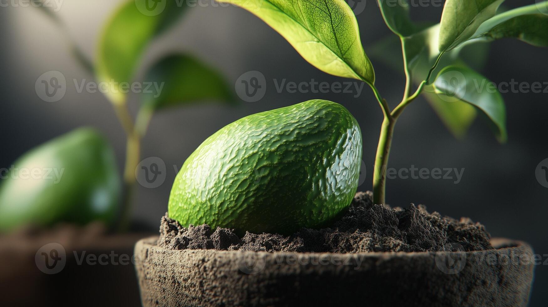 Mini plant avocado on soil and clay pot for decoration nature care and healthy food lifestyle photo