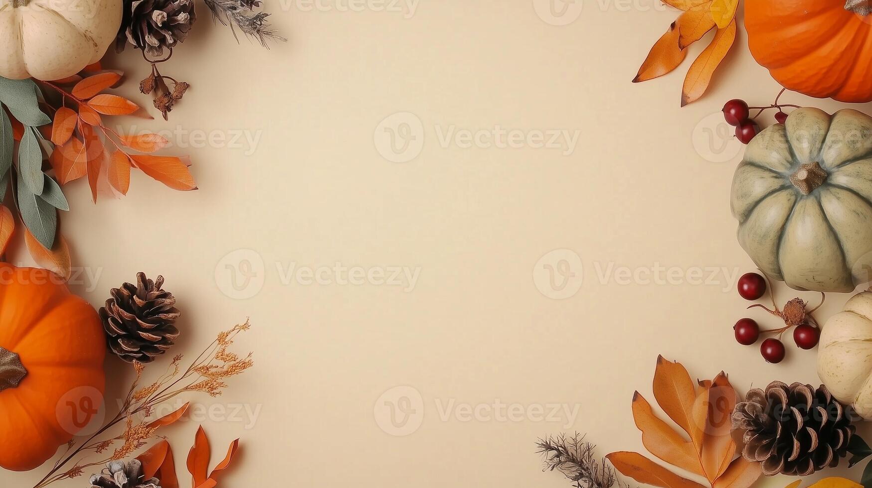 Rounded pumpkin, autumn leaves and pine arranged copy space background photo