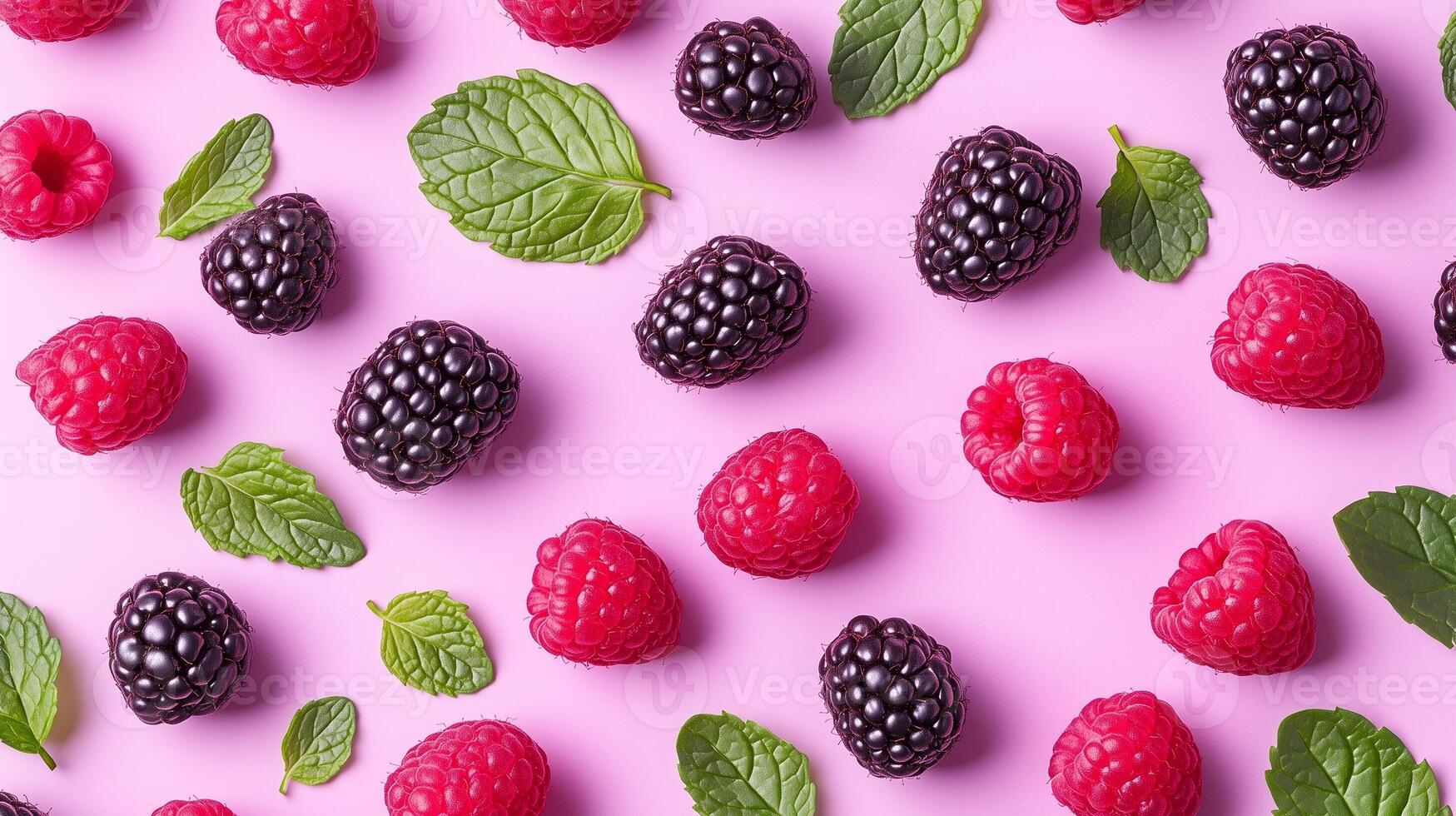 Raspberry, blackberry and fresh mint leaves arranged pattern seamless diagonal layout photo