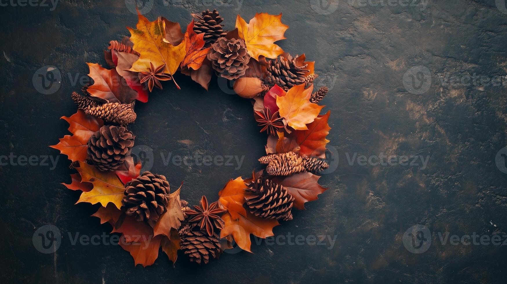 Rounded yellow brown autumn leaves and pine arranged copy space backgronund photo