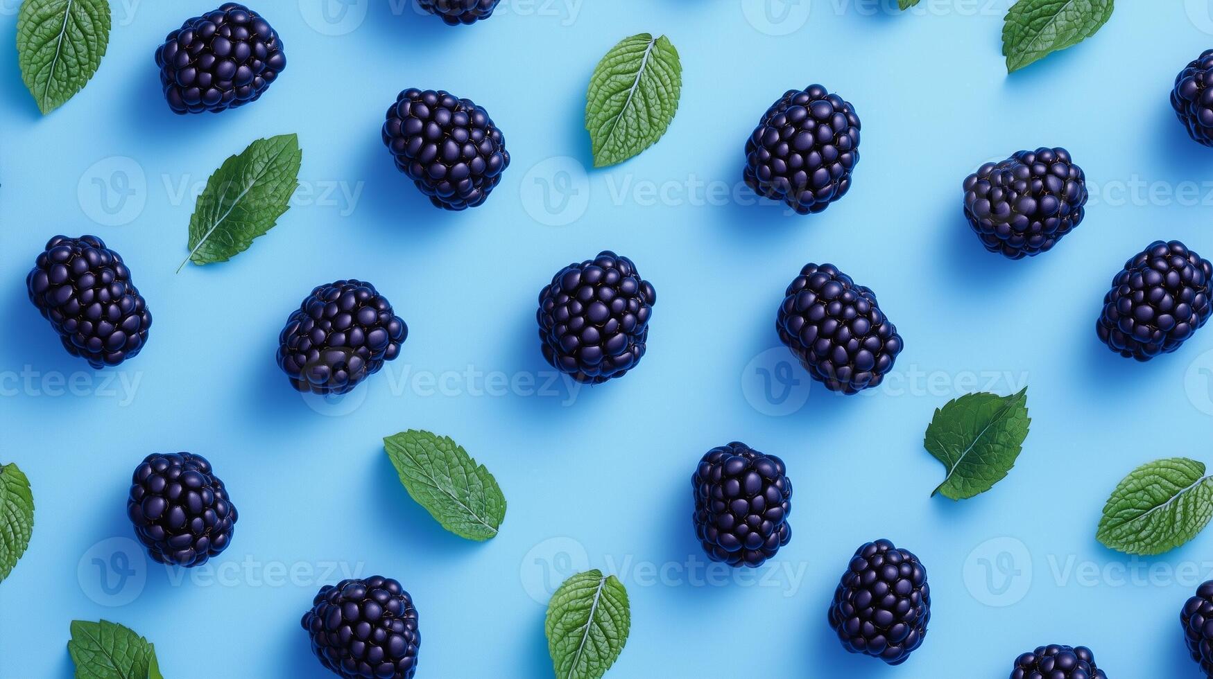 Blackberry and fresh mint leaves arranged pattern seamless diagonal layout photo